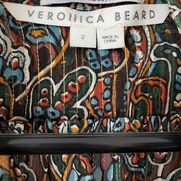 VERONICA BEARD SILK BLOUSE 2, Size Small, Zaylee Paisley Tie-Neck Green/Brown - Picture 4 of 7
